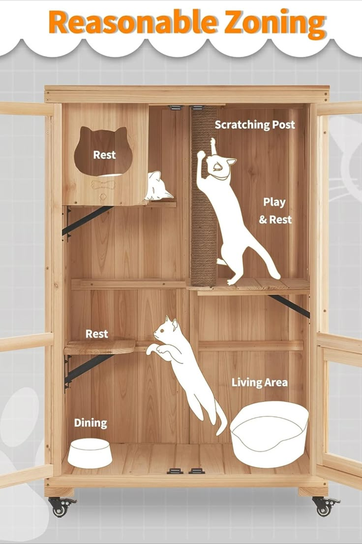 an open wooden cabinet with instructions on how to use the cat scratcher and litter box