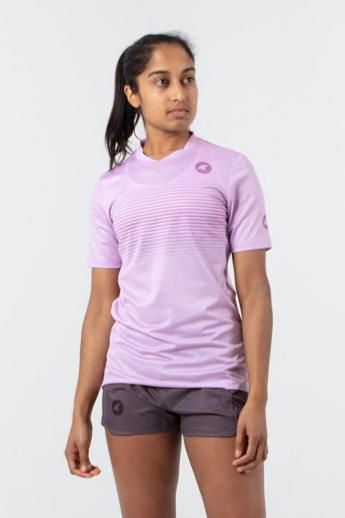 Women's Running Shirt - on body Front View #color_lilac Purple Athleisure T-shirt For Sports, Purple Moisture-wicking T-shirt For Sports, Breathable Dri-fit Short Sleeve Jersey, Sports Tops With 4-way Stretch In Recycled Polyester, Sports Tops With Moisture-wicking Recycled Polyester, Moisture-wicking Recycled Polyester Sports Top, Moisture-wicking Jersey For Training, Dri-fit Short Sleeve Sportswear Jersey, Sporty Short Sleeve Moisture-wicking Jersey