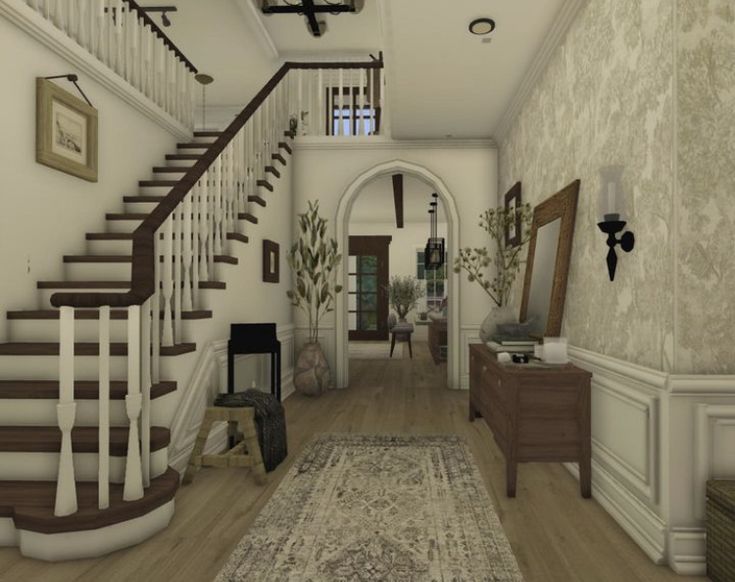 an image of a living room scene with stairs and rugs on the ground floor