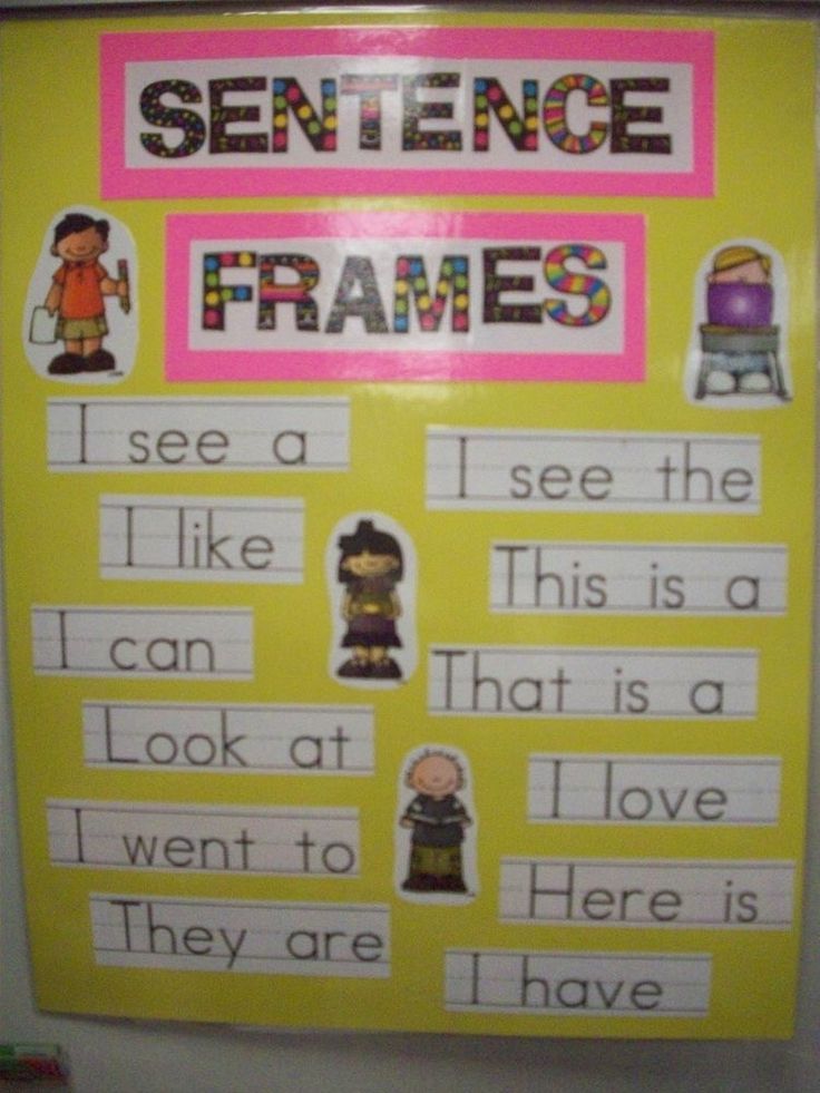 a bulletin board with words and pictures on it that say, sentence frames i see