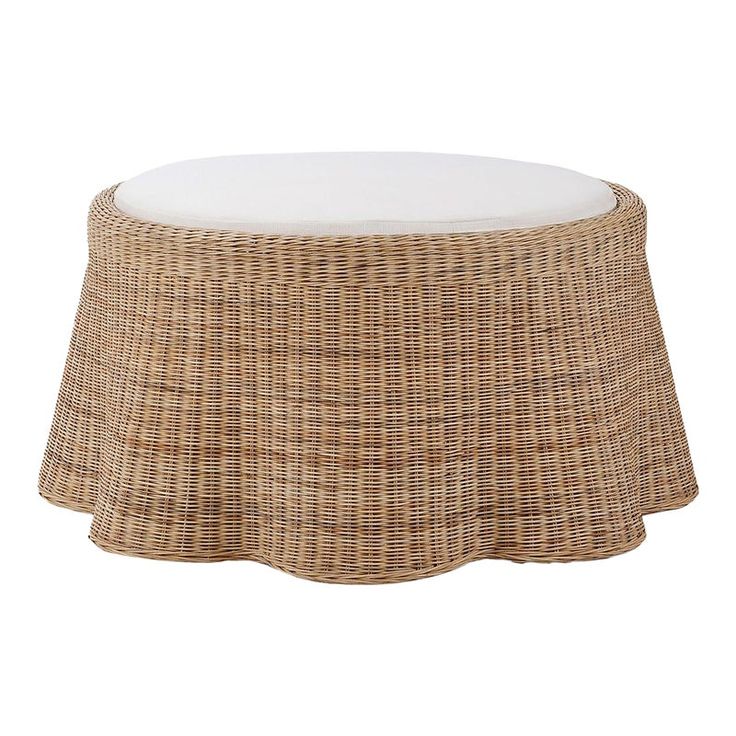 Measuring 41" W x 41" D x 19" H, this stunning piece combines natural beauty with functional design, making it a perfect centerpiece for any room.  Crafted with high-quality rattan, this round stool features a charming natural finish that adds a warm and inviting vibe to your decor and has a round arctic white upholstered cushion. The round shape and delicate curves create a sophisticated draped silhouette, making it an eye-catching addition to your living room, sunroom, or patio.  Ideal for hosting guests or enjoying a cozy evening at home, this versatile seat seamlessly complements any decor style. Brand new and ready to enhance your space, this piece is the perfect blend of beauty and practicality.  Dimensions: 41" W x 41" D x 19" H Dining Porch, Living Room Sunroom, Rattan Ottoman, Artichoke Lamp, Tufted Leather, Round Stool, Cozy Evening, Hosting Guests, Ottoman Footstool