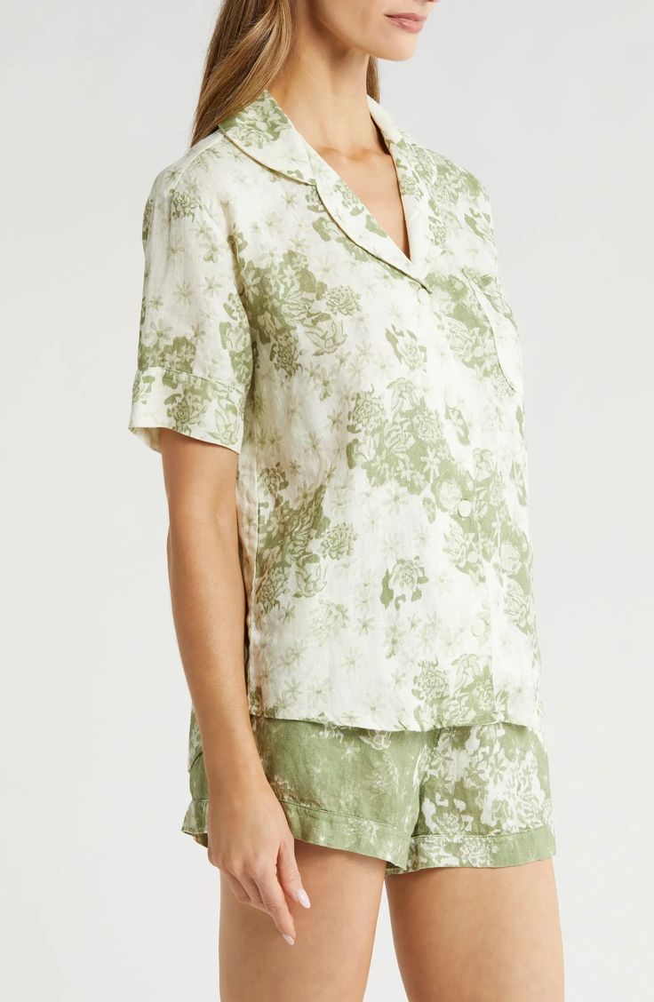 Desmond & Dempsey Print Cotton Short Pajamas | Nordstrom Cotton Floral Print V-neck Sleepwear, Printed Relaxed Fit Tops For Pajama Party, Relaxed Fit Floral Print V-neck Sleepwear, Printed Spring Sleep Tops, Green Relaxed Fit Printed Sleepwear, Printed Tops For Sleep In Spring, Cotton V-neck Sleepwear With Floral Print, Green Printed Sleepwear With Relaxed Fit, Spring Sleepwear Printed Tops