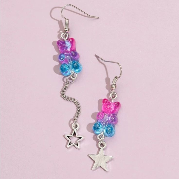 This Pair Of Glitter Mismatched Multicolor Chain Boho Celestial Star Gummy Bear Earring Studs Is A Delicious Addition To Wardrobe And Your Style!! Super Cute And Unique Kawaii Style! Teddy Bear Casual Star-shaped Jewelry For Parties, Kawaii Multicolor Party Jewelry, Colorful Cute Party Jewelry, Casual Pink Party Jewelry, Trendy Multicolor Glitter Jewelry, Boho Celestial, Gummy Bear Earrings, Skull Fire, Boho Drop Earrings