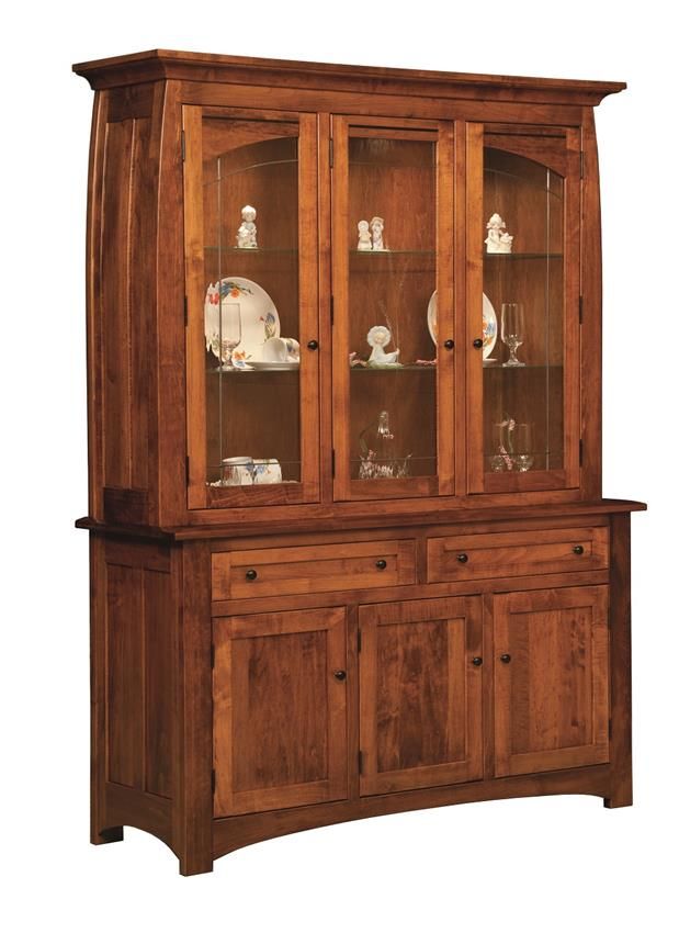 a wooden china cabinet with glass doors