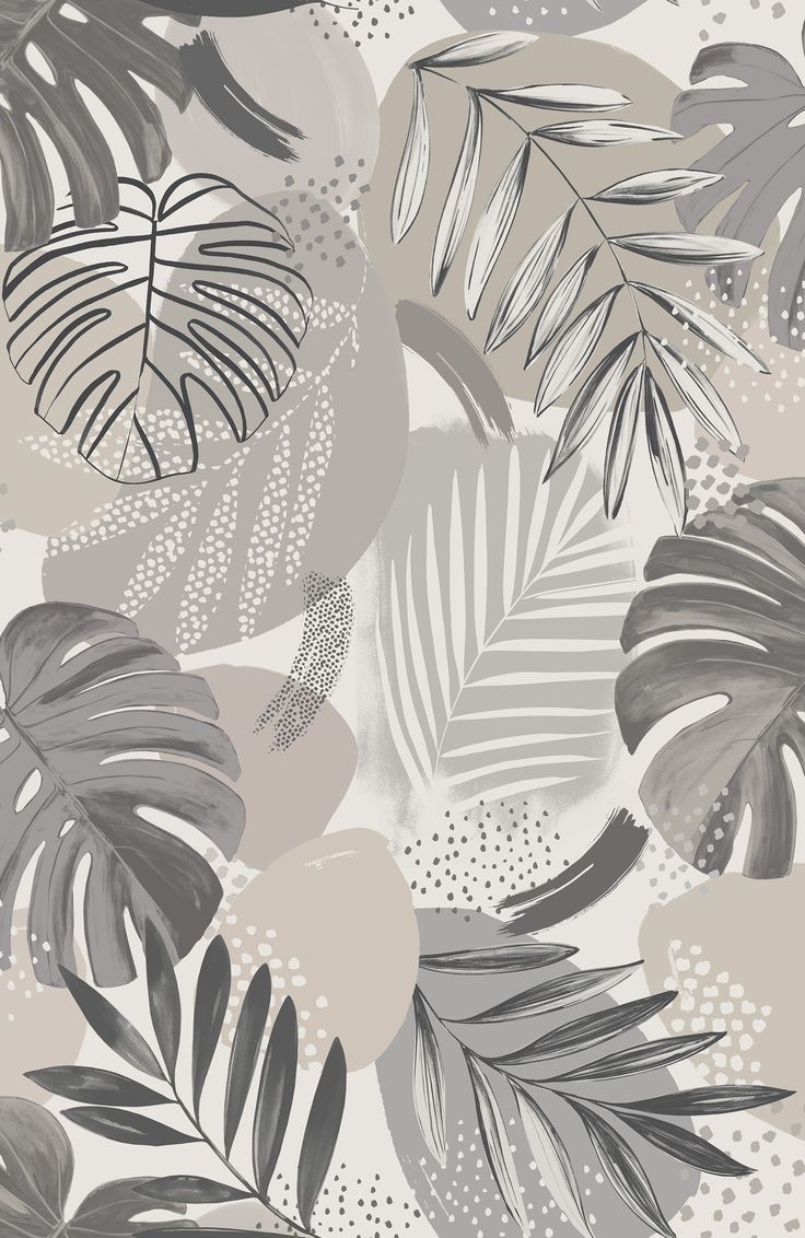 grey and white tropical leaves wallpaper with dots on the bottom right hand corner in an off - white background