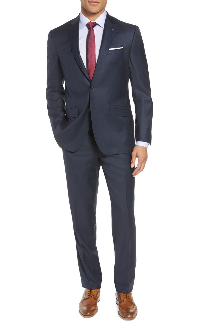 Ted Baker London Jones Trim Fit Solid Wool Suit | Nordstrom Suits No Tie, Navy Slim Fit Suit, Mens Suits Navy, Blue Slim Fit Suit, Interview Outfit Men, Navy Blue Suit, Lapel Jacket, Prom Suits, Trim Fit