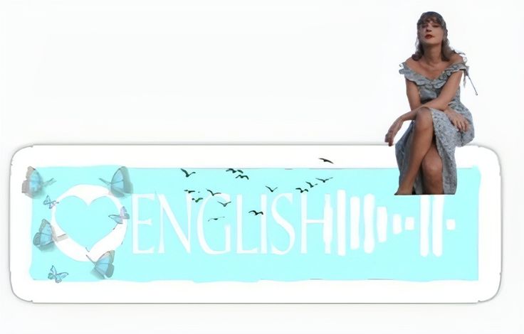 a woman sitting on top of a sign with birds flying over her head and the words english