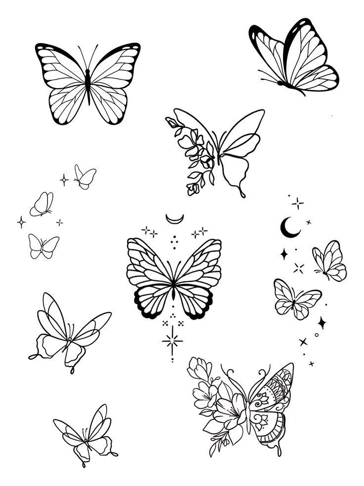 butterflies flying in the sky with stars and crescents on it's back side