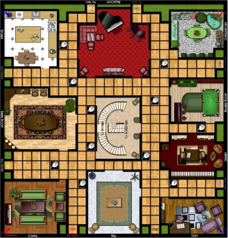 a board game with lots of rooms and furniture on the top floor, including couches