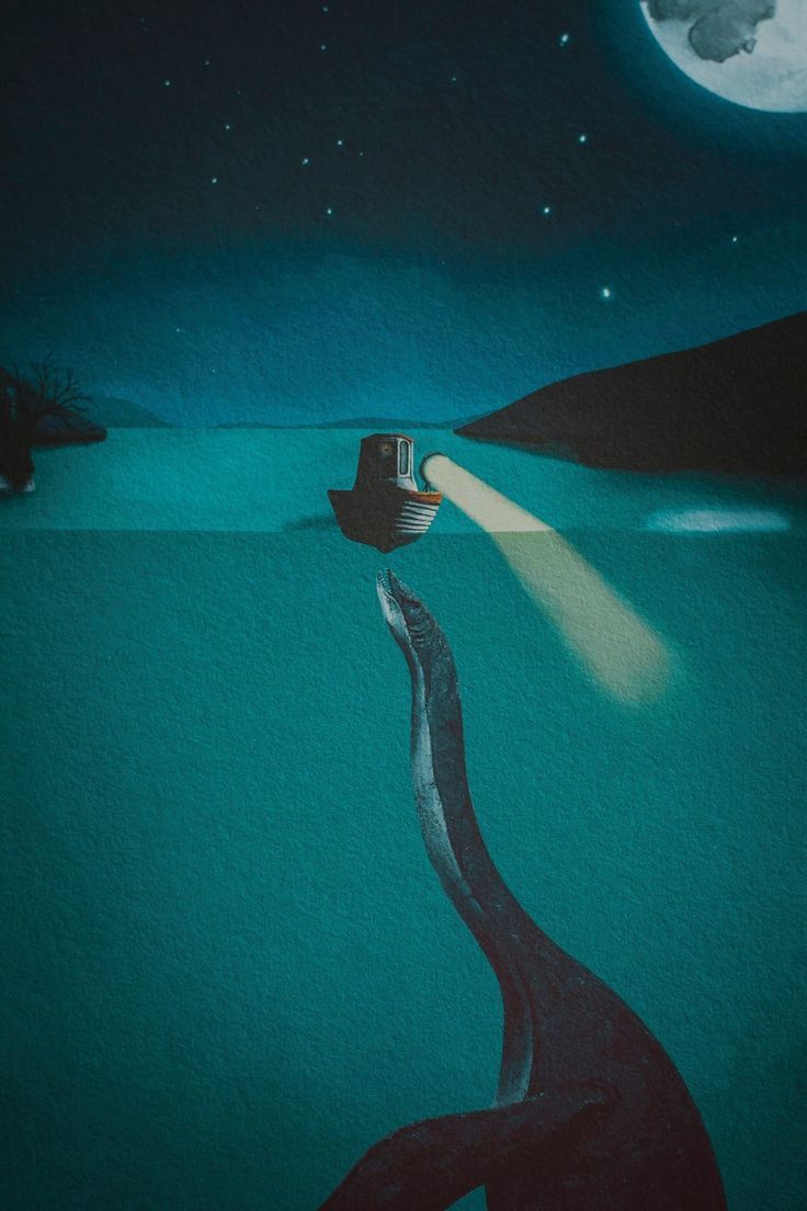 a painting of a boat floating in the ocean at night