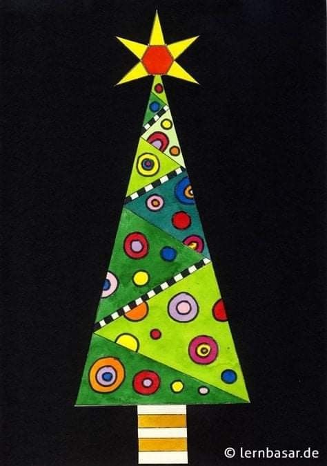 a christmas tree made out of colored paper on a black background with the star above it