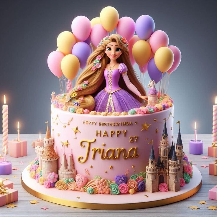 a birthday cake with a doll on top and balloons in the shape of princesses