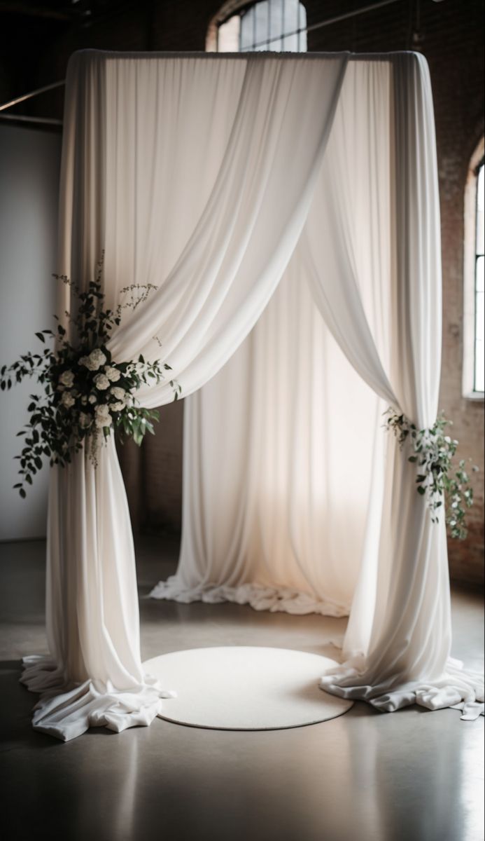 a white wedding arch decorated with flowers and greenery