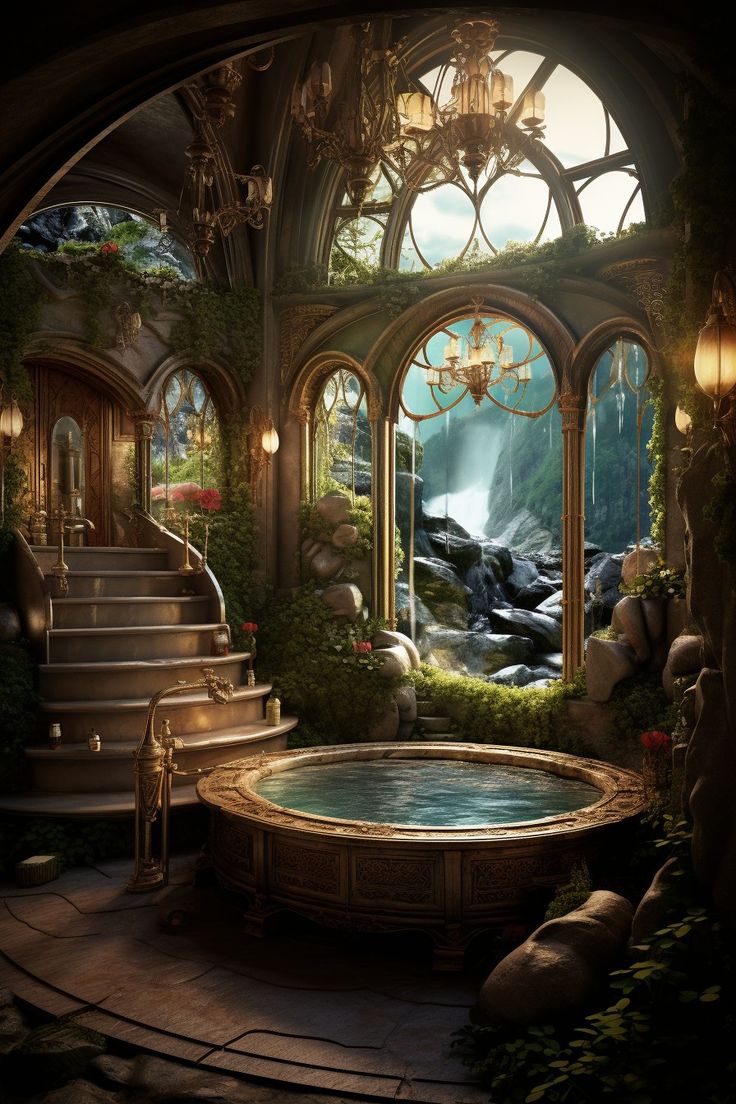 an artistic rendering of a house with a hot tub in front of the entrance and stairs leading up to it