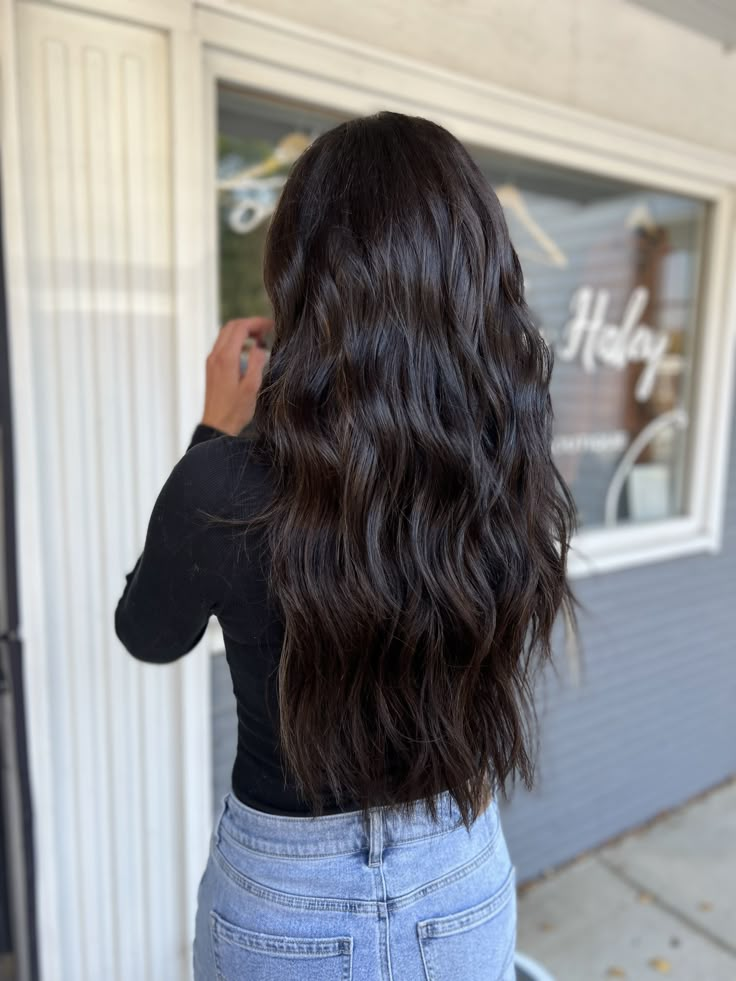 Black Hair For Brunettes, Medium Brown Black Hair, Glazed Dark Brown Hair, Black Hair W Dimension, Long Dark Hair Extensions, Dark Brown Hair 2023, Cholocate Brown Hair, Dark Brown All Over Color Hair, Solid Brown Hair Color Dark