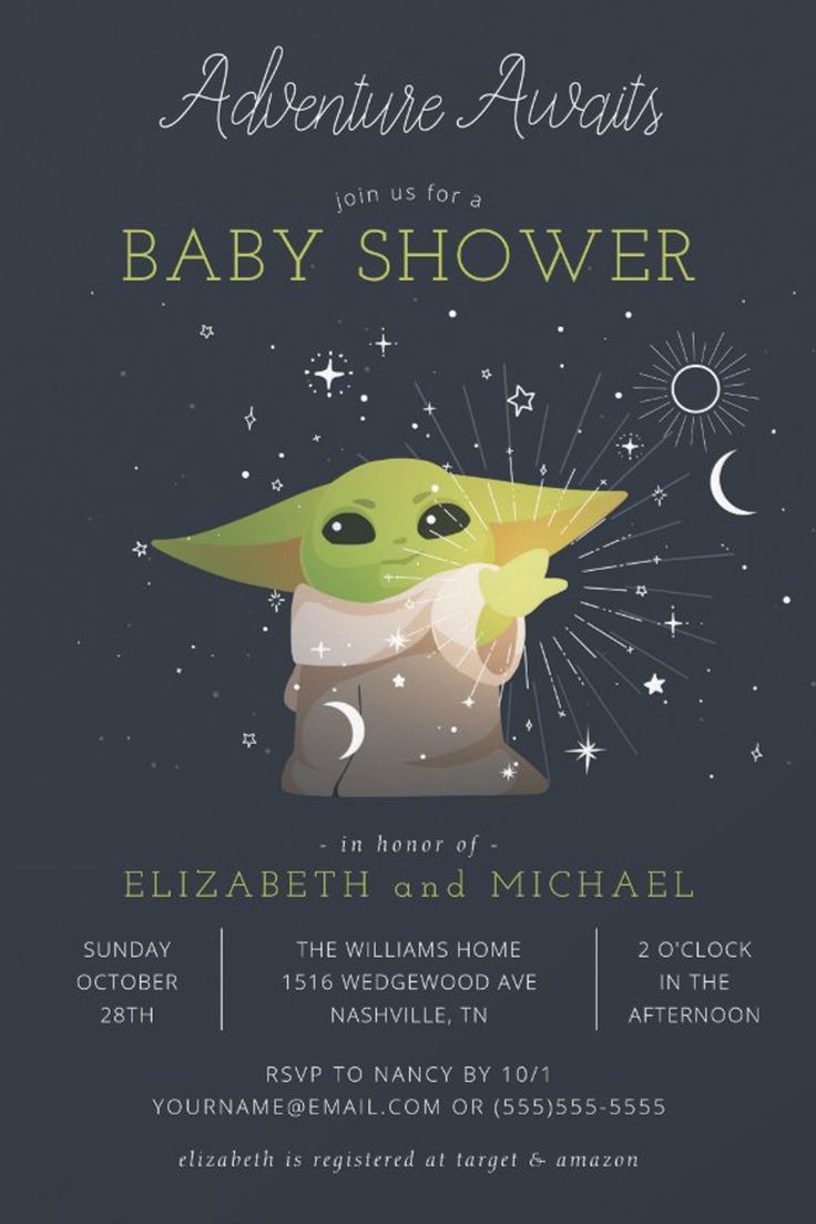 The Child | Adventure Awaits Baby Shower Invitation
Invite all your family and friends to your baby shower with these "Adventure Awaits" invites from Star Wars. Personalize by adding all your shower details! Starwars Baby Shower Decorations, Star Wars Baby Shower Invitations, Star Wars Themed Baby Shower Ideas, Starwars Baby Shower Ideas Boys, Grogu Baby Shower Theme, Baby Yoda Baby Shower Theme, Baby Yoda Baby Shower Ideas, Star Wars Baby Shower Ideas, Star Wars Baby Shower Decorations