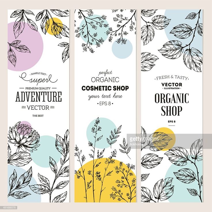 three vertical banners with hand drawn flowers and leaves on white background for organic shop or cosmetics store