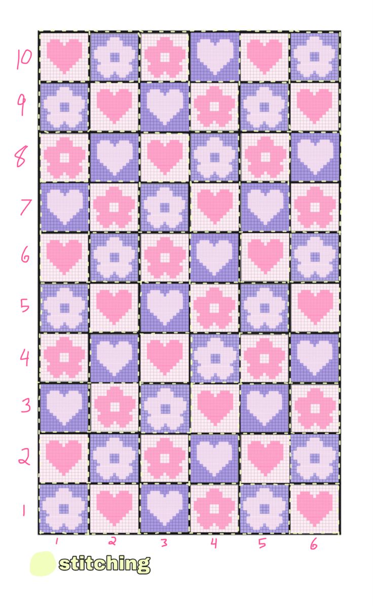 a cross stitch pattern with hearts in pink and purple colors on the bottom right corner