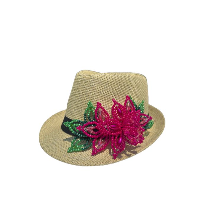 Panama hat / fedora straw hat decorated with a handmade beaded pearl tembleque flowers. This hat is perfect to cover yourself from the sun and show your Panamanian pride at the same time —- Very chic and cute style... will match all your outfits Bohemian Straw Hat For Spring Party, Summer Panama Hat For Spring Parties, Bohemian Fedora Straw Hat For Parties, Handmade Summer Fedora For Festivals, Casual Beaded Hats For Spring, Casual Mini Hats For Summer Party, Casual Summer Mini Hats For Party, Summer Panama Hat With Curved Brim For Party, Summer Fedora Panama Hat For Party