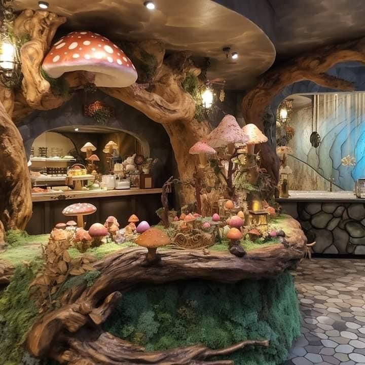 the inside of a mushroom themed restaurant with mushrooms on the ground and trees growing out of it