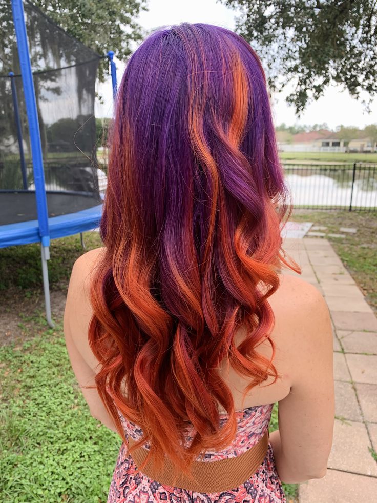 Fall Vivid Hair, Purple And Orange Hair, Fall Vivid Hair Color, Halloween Hair Color Ideas, Orange Hair Color Ideas, Halloween Hair Color, Fall Red Hair, Orange Ombre Hair, Hair Color Palette