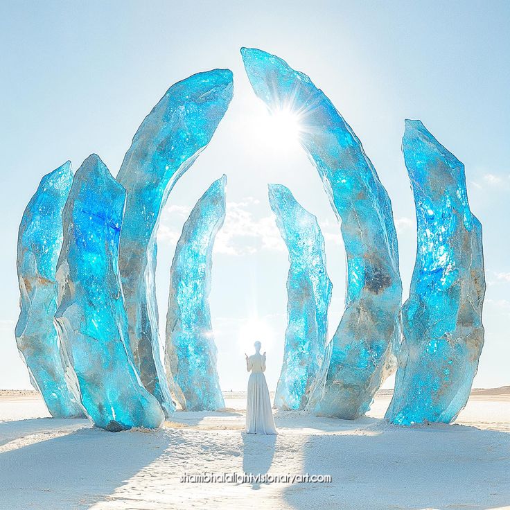 a person standing in the middle of an ice sculpture with sun shining behind them and blue water