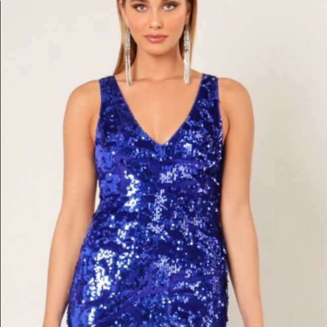 Wow Couture Evening Dress Blue Sheath Party Dress, Royal Blue Mini Bodycon Dress For Party, Blue Sheath Dress For Party, Blue V-neck Party Dress, Elegant Blue Mini Dress For Party, Blue Bodycon Dress For Prom And Party Season, Blue Bodycon Dress For Prom Party Season, Blue V-neck Sequin Prom Dress, Blue Sequin Prom Dress For Summer