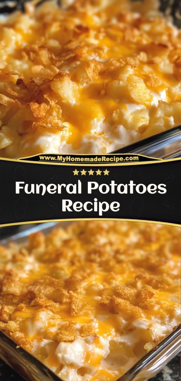 Funeral potatoes are creamy, cheesy, and topped with crispy cornflakes. A comforting side dish for any occasion. Ingredients: 4 cups shredded potatoes 1 cup sour cream 1 can cream of chicken soup 1 cup cornflakes, crushed Serve these potatoes as a delicious, classic side dish. Great for gatherings or holiday dinners Furneal Pototoes, Easy Party Potatoes, Sour Cream Potatoes Bake, Christmas Potato Casserole, Funnel Potatoes, Family Sides For Dinner, Sour Cream Potato Casserole, Christmas Food Recipes Side Dishes, Christmas Potatoes Casseroles