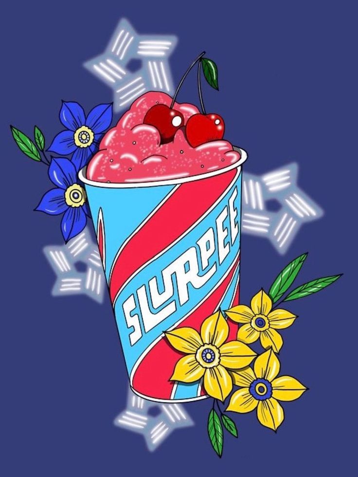 an ice cream sundae with cherries and blue flowers