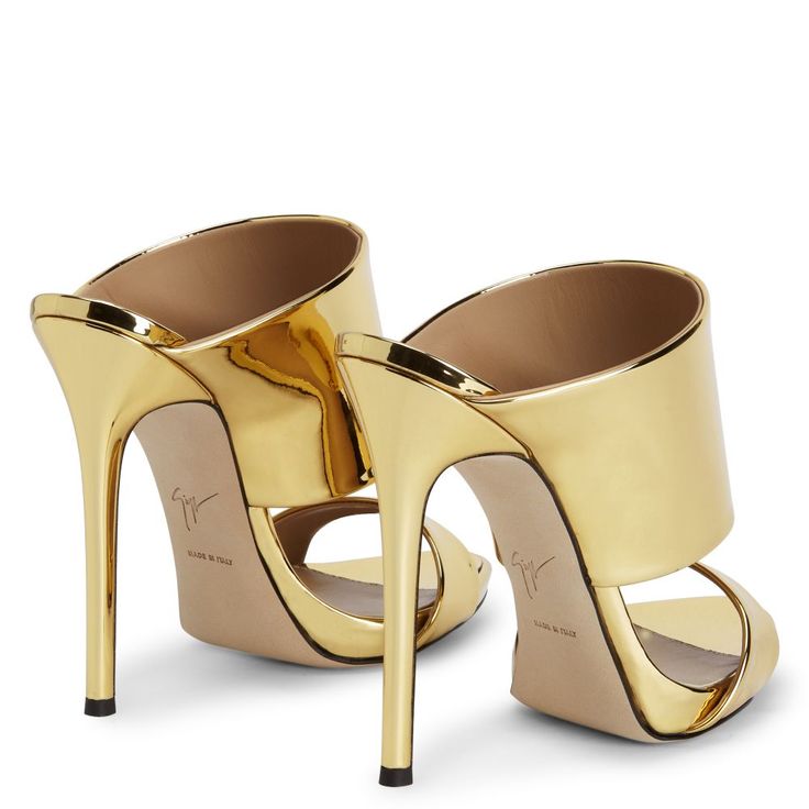 ANDREA Luxury Gold Sandals With 4-inch Heel, Modern Gold Open Heel Heels, Sleek Gold Sandals With 4-inch Heel, Sleek Gold Leather Heels, Sleek Gold Open Toe Heels, Gold Sleek Open Toe Heels, Sleek Gold Heels With Padded Heel, Glamorous Gold Leather Heels, Sleek Gold Sandals With Pointed Toe