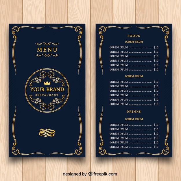 a menu for a restaurant with gold trimmings on the front and back cover