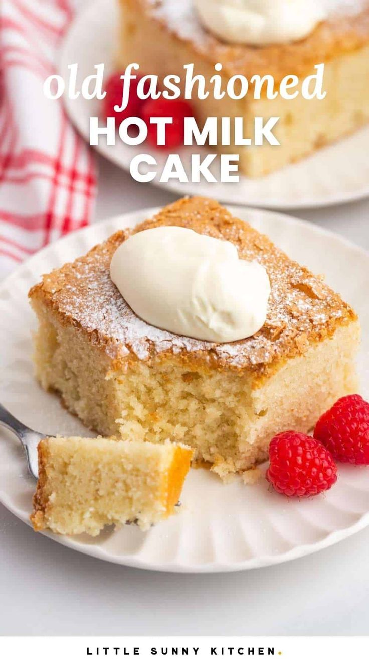 old fashioned hot milk cake on a plate with raspberries