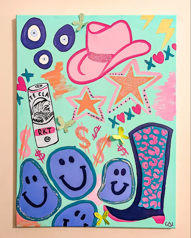 painting 
vivid
bright
neon
butterfly
smile
white claw
cowboy hat
stars
glitter Cute Dorm Canvas Painting, Paintings For Dorm, Cute College Canvas Paintings, Painting Ideas On Canvas College, Bright Paintings On Canvas, Dorm Canvas Art Diy, Drawing Preppy, Aesthetic Preppy Painting Ideas, College Painting Ideas