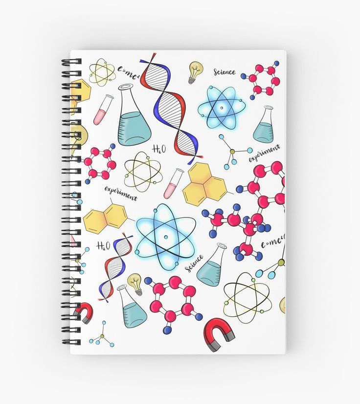 a spiral notebook with colorful science symbols on the front and back cover, in white