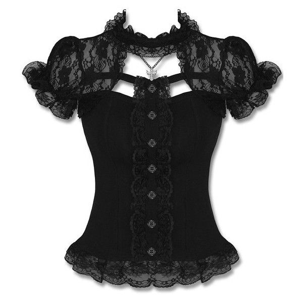 Hell Bunny Black Lace Steampunk Gothic Lolita Short Sleeve Nihilist... ($56) ❤ liked on Polyvore featuring tops, corset, shirts, lace top, black shirt, black corset top, lace corset and black lace top Bunny Black, Black Lace Shirt, Victorian Blouse, Black Lace Corset, Goth Shirt, Gothic Shirts, Corset Shirt, Black Corset Top, Lace Corset Top