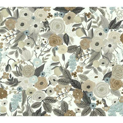 a floral wallpaper with many different flowers and leaves on white, blue, beige and grey colors