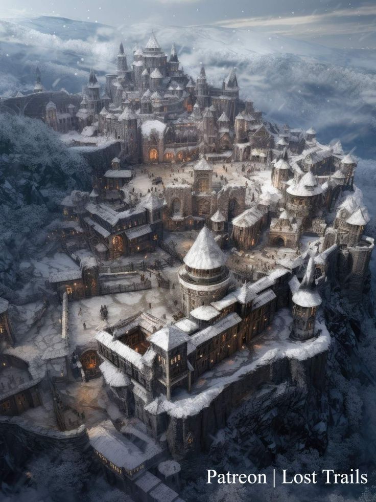 an aerial view of a castle surrounded by snow covered hills and mountains, with the caption pattenn lost trails