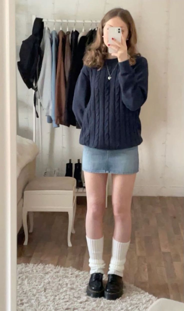 Jean Skirt Outfits Ideas, Fall Outfits Jean Skirt, Downtown Autumn Outfits, Rom Com Aesthetic Outfits, Skirt With Long Socks, Downtown Girl Fall Outfits, Rory Gilmore Style Outfits, Jean Skirt Outfit Ideas, Blue Sweater Outfit