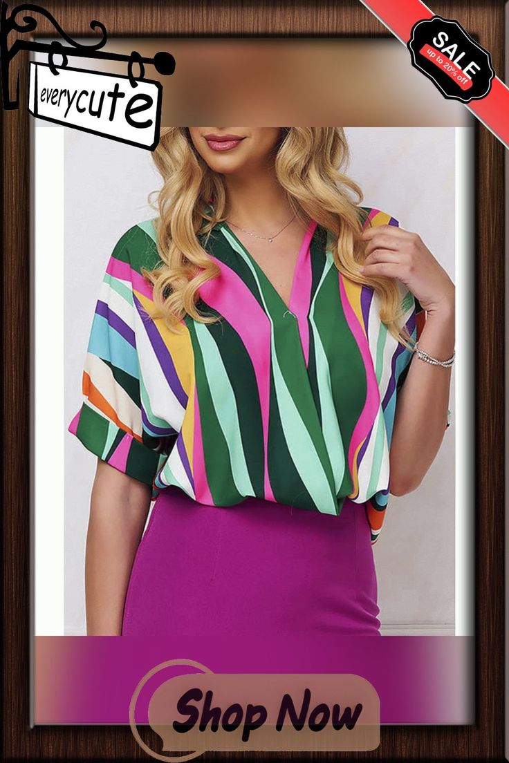 Green Striped Print Pullover Short Sleeve Shirt Chic Multicolor V-neck Shirt, Multicolor V-neck Blouse For Work, Multicolor V-neck Workwear Blouse, Multicolor Casual Tops For Workwear, Chic Multicolor Short Sleeve Top, Multicolor Short Sleeve Tops For Work, Multicolor Spring Workwear Tops, Multicolor Tops For Spring Workwear, Multicolor Summer Workwear Tops