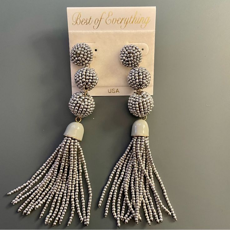 Beautiful Silver Beaded Tassel Earrings From The Best Of Everything Store. They Look Lovely For A Fancy Event, Or Maybe Even To Dress Up A New Outfit For Work! These Earrings Are Brand New And Have Never Been Worn, And On Their Original Puff Pad. From A Pet Free, Smoke Free Home. Open To Offers! Questions? Leave A Comment Below! Silver Beaded Fringe Tassel Drop Earrings, Elegant Silver Tassel Earrings With Rhinestone Fringe, Silver Nickel-free Tassel Earrings As Gift, Silver Nickel-free Drop Tassel Earrings, Elegant Silver Nickel-free Tassel Earrings, Fancy Event, Outfit For Work, Blue Sapphire Studs, Beaded Tassel Earrings