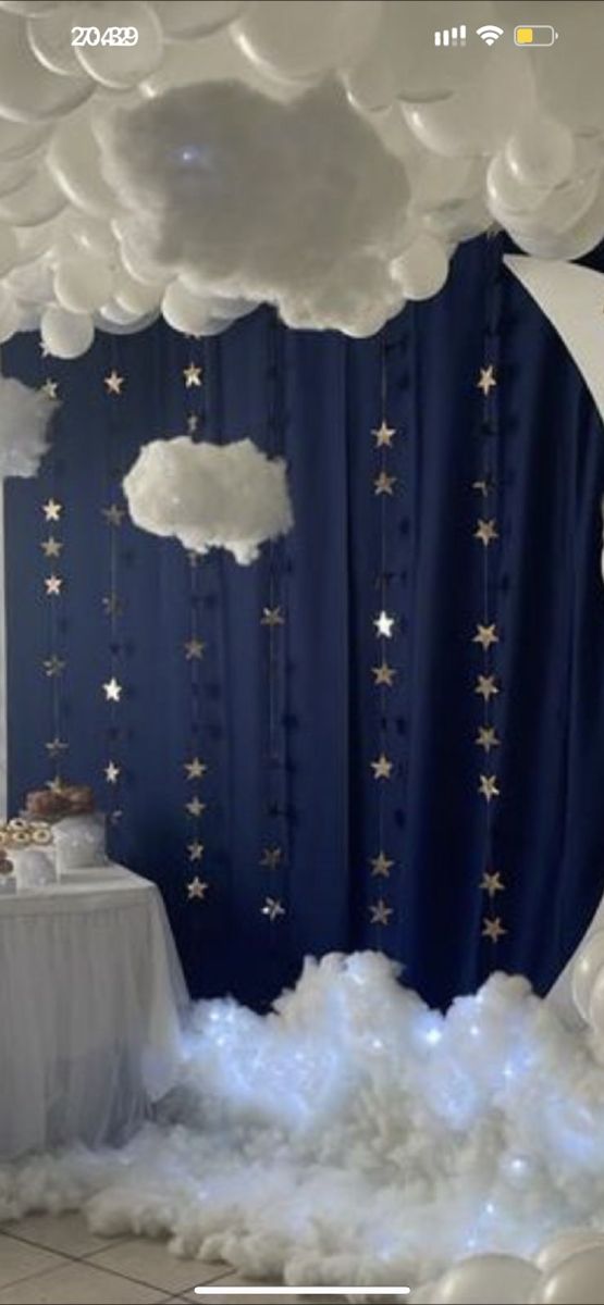 a room with clouds and stars on the ceiling