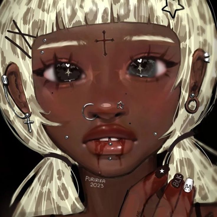 a cartoon girl with piercings on her nose and cross around her neck is staring at the camera