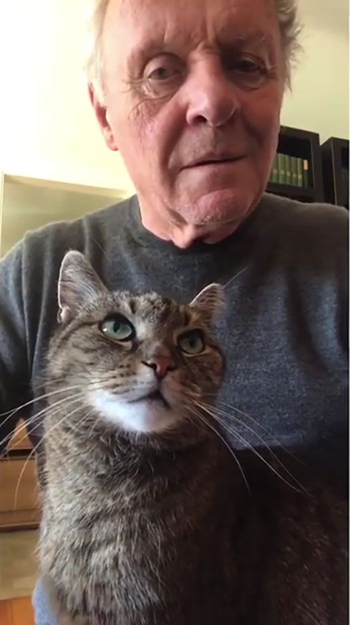 an old man is holding a cat in his lap and looking up at the camera