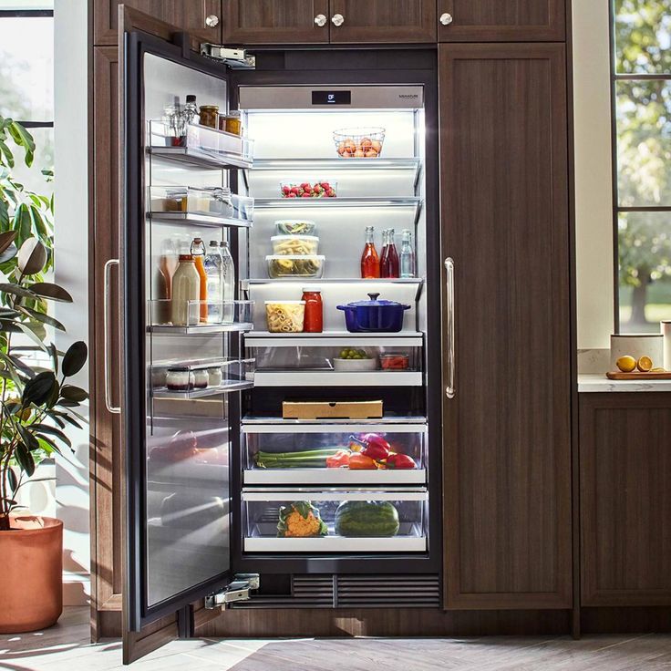 an open refrigerator in a kitchen next to a potted plant and window with lots of light