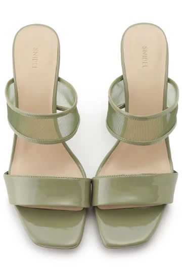 Sheer Slip Heeled Mule Sandals – SNIDEL Green High Heel Mules For Summer, Summer Green Open Heel Mules, Green Open Heel Mules For Summer, Modern Strappy Sandals For Summer, Green Evening Mules For Summer, Green Summer Evening Mules, Elegant Green Mules For Summer, Elegant Green Summer Mules, Strappy Mules For Spring