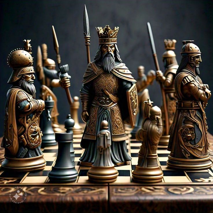 a chess set with knights and knights on it's board, all in gold and black