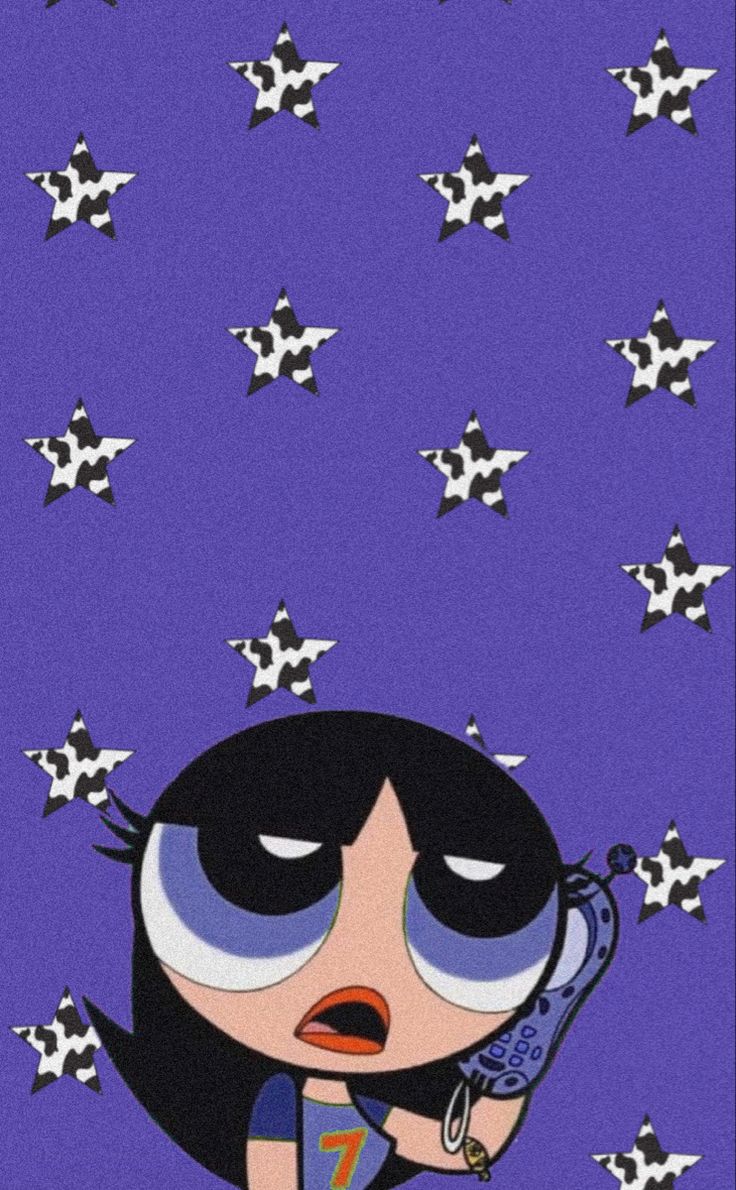 an animated cartoon character holding a cell phone in her hand with stars on the background