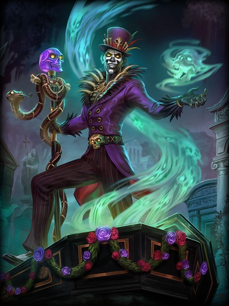 a painting of a skeleton in a top hat holding a snake and wearing a purple suit