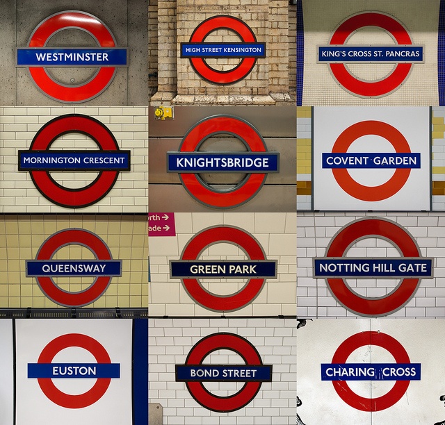 the london underground signs are all in different colors and sizes, including red white and blue