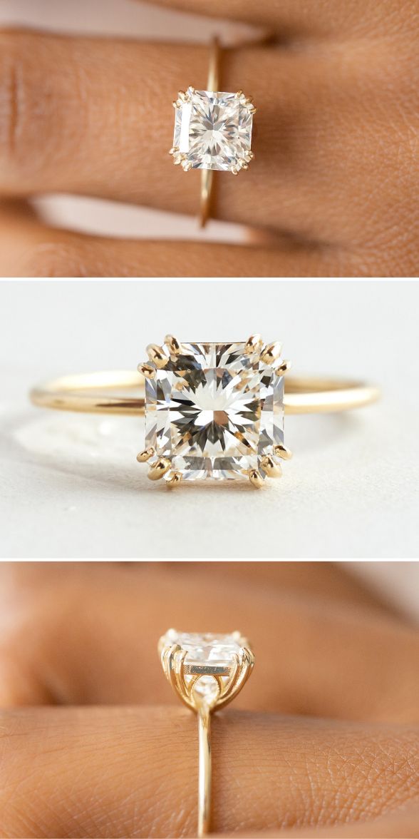 three different views of an engagement ring with the center stone in yellow gold, and the middle